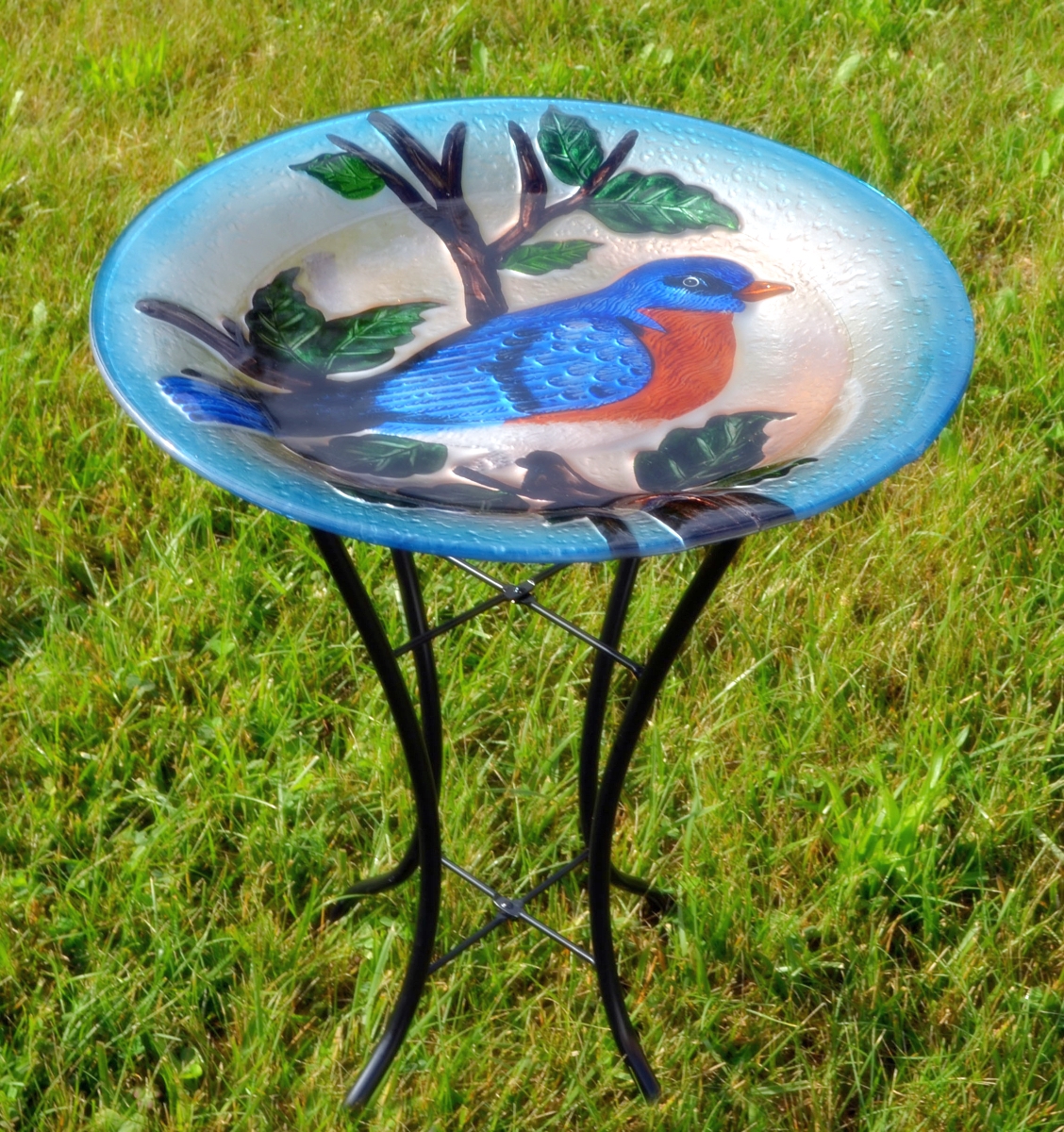 Embossed Bluebird Glass Birdbath w/Stand